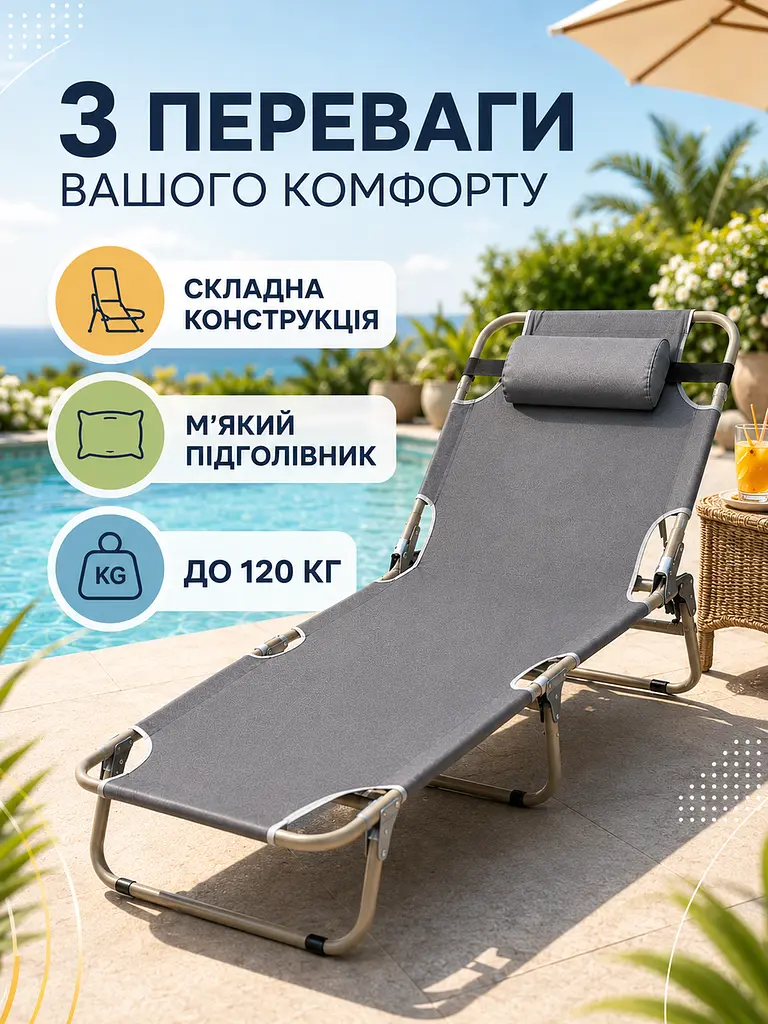 Шезлонг розкладний сірий 176×56×28 см з підголівником для саду, пляжу та кемпінгу (49676043) - фото 2