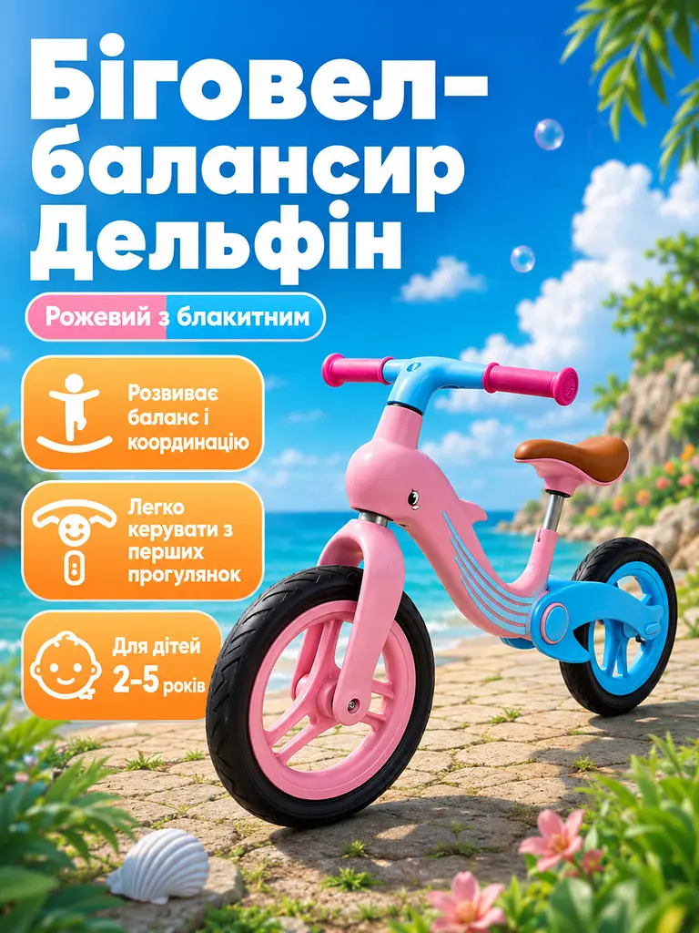 Дитячий біговел-балансир Дельфін складаний від 2-5 років, рожевий з блакитним (26276274) - фото 2