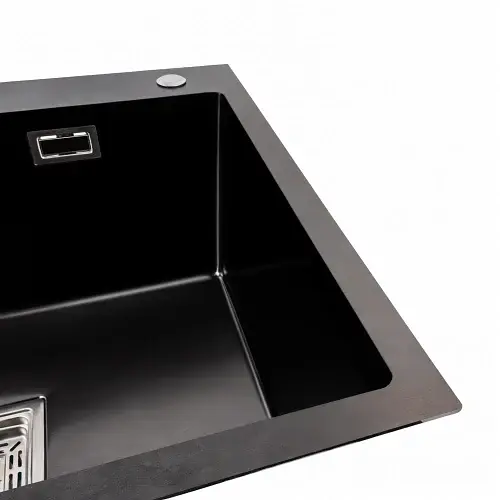 Кухонна мийка Platinum Handmade PVD з нержавіючої сталі 1.0 мм квадратний сифон 60x50x23 см чорна HSB - фото 5