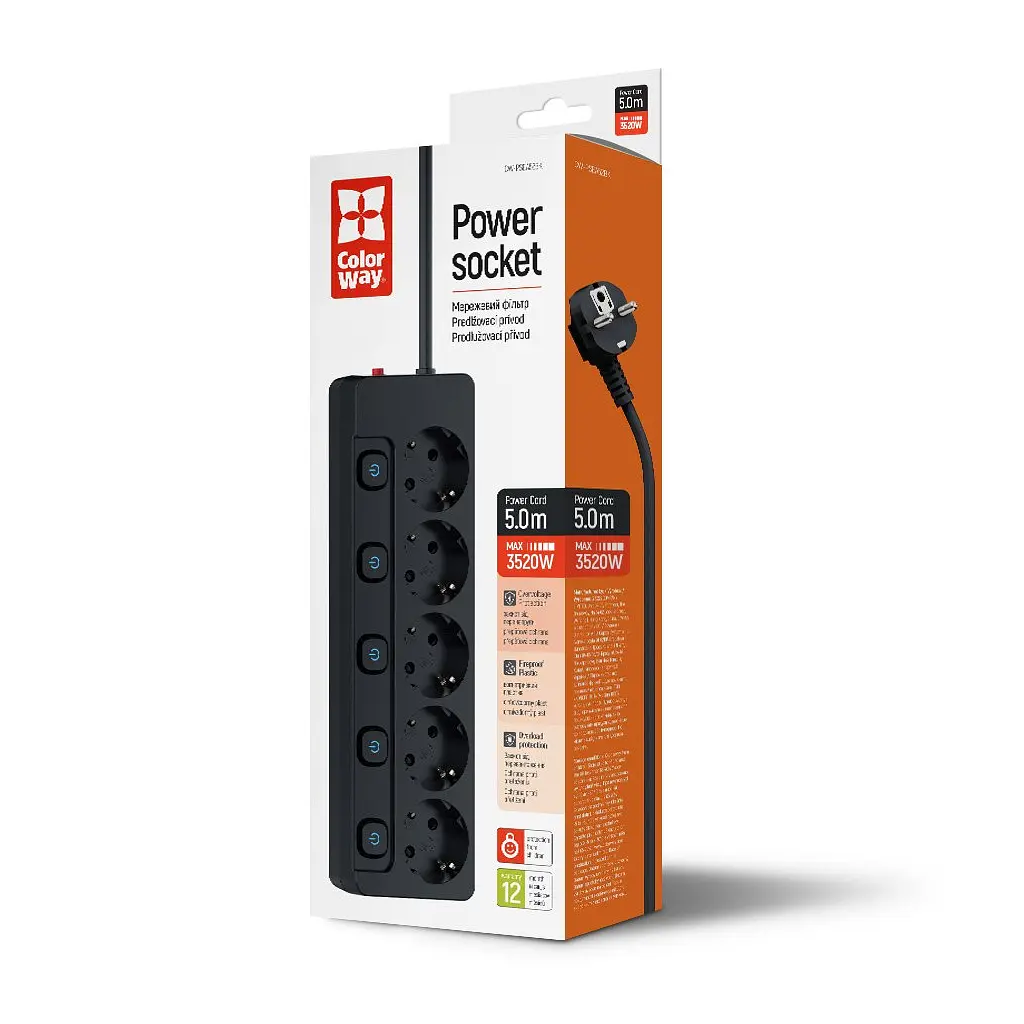Мережевий фільтр живлення ColorWay CW-PSEA55SBK 5 розеток5м (CW-PSEA55SBK) - фото 6