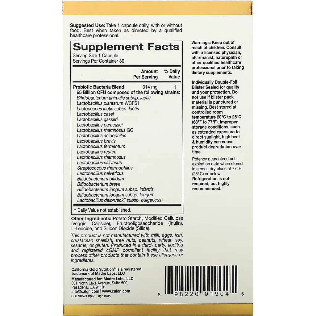 Пробіотики California Gold Nutrition LactoBif 65 Probiotics 30 вегетаріанських капсул - фото 3