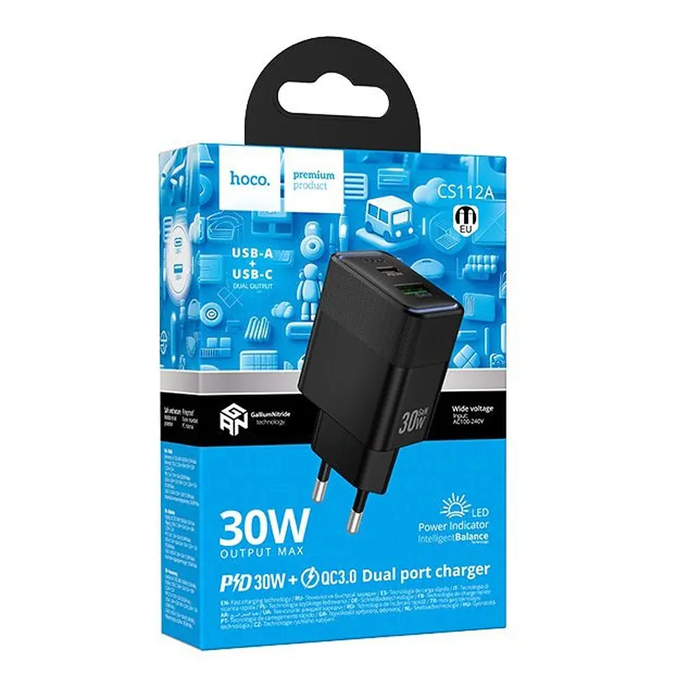 МЗП Hoco CS112A Lounge PD30W+QC3.0 charger(EU) Black - фото 2