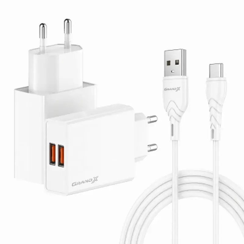 Зарядний пристрій Grand-X 2xUSB 5V 2.4A + cable USB to USB-C white (CH-15WT) - фото 2