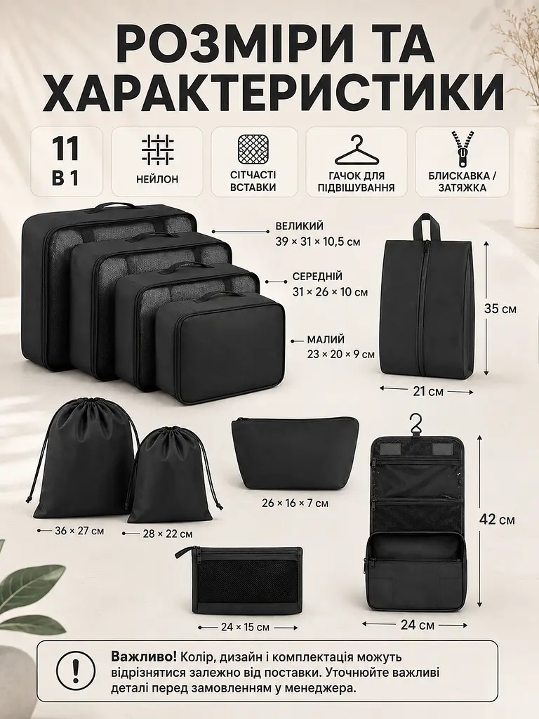 Набір дорожніх органайзерів для валізи 11 в 1 для одягу, взуття та косметики чорний (49676175) - фото 3