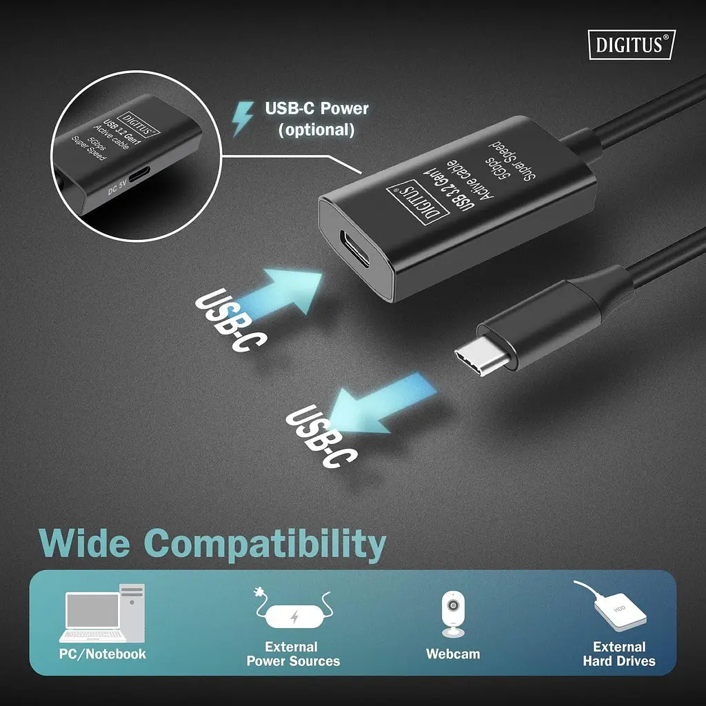 Активний високошвидкісний подовжувач USB 3.2 USB Type-C Digitus 5m black - фото 5