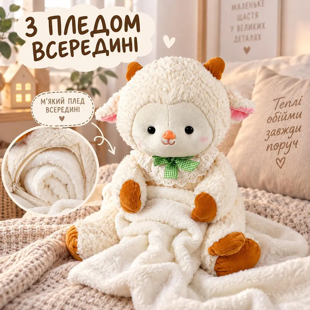 Кізочка мʼяка іграшка 65 см з пледом всередині , Барашка Шон - фото 3