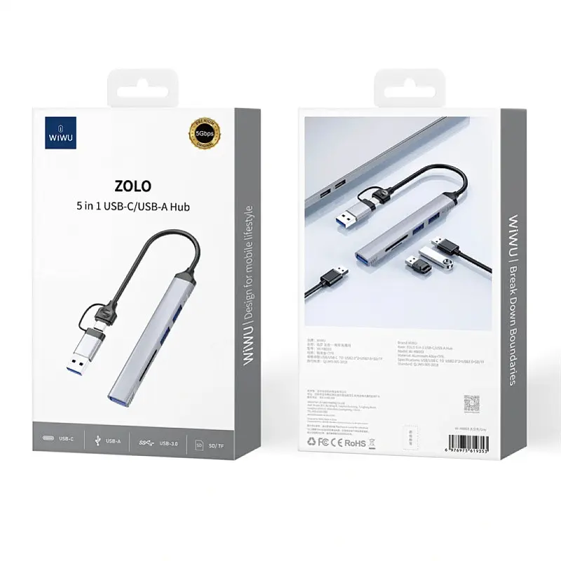 Перехідник HUB WIWU Wi-HB003 ZOLO 5 in 1 (USB-C/USB-A to 2xUSB2.0+1xUSB3.0+SD/TF) Grey - фото 6