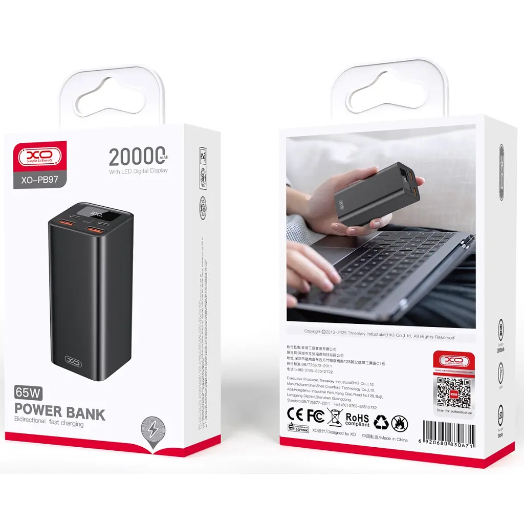 Батарея універсальна XO 20000mAh, PD/65W for laptop, QC/22.5W, black (PB97_Black) - фото 3