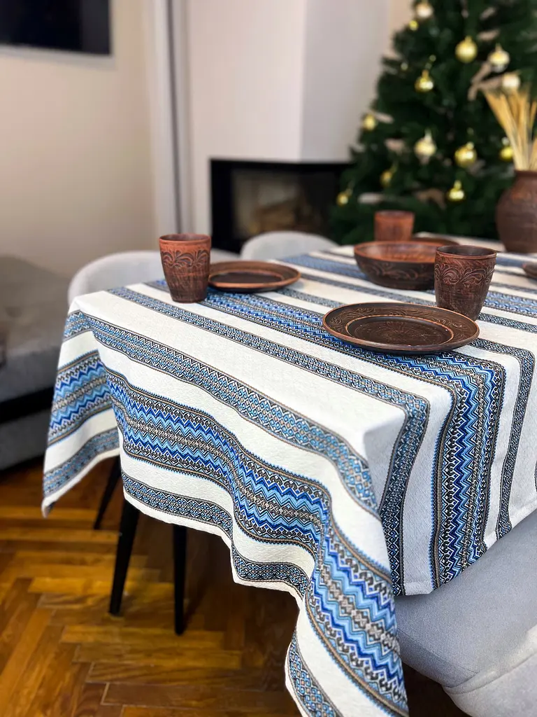 Лляна скатертина різдвяна з українським орнаментом "Рандеву синій" - 180х150 см - фото 9