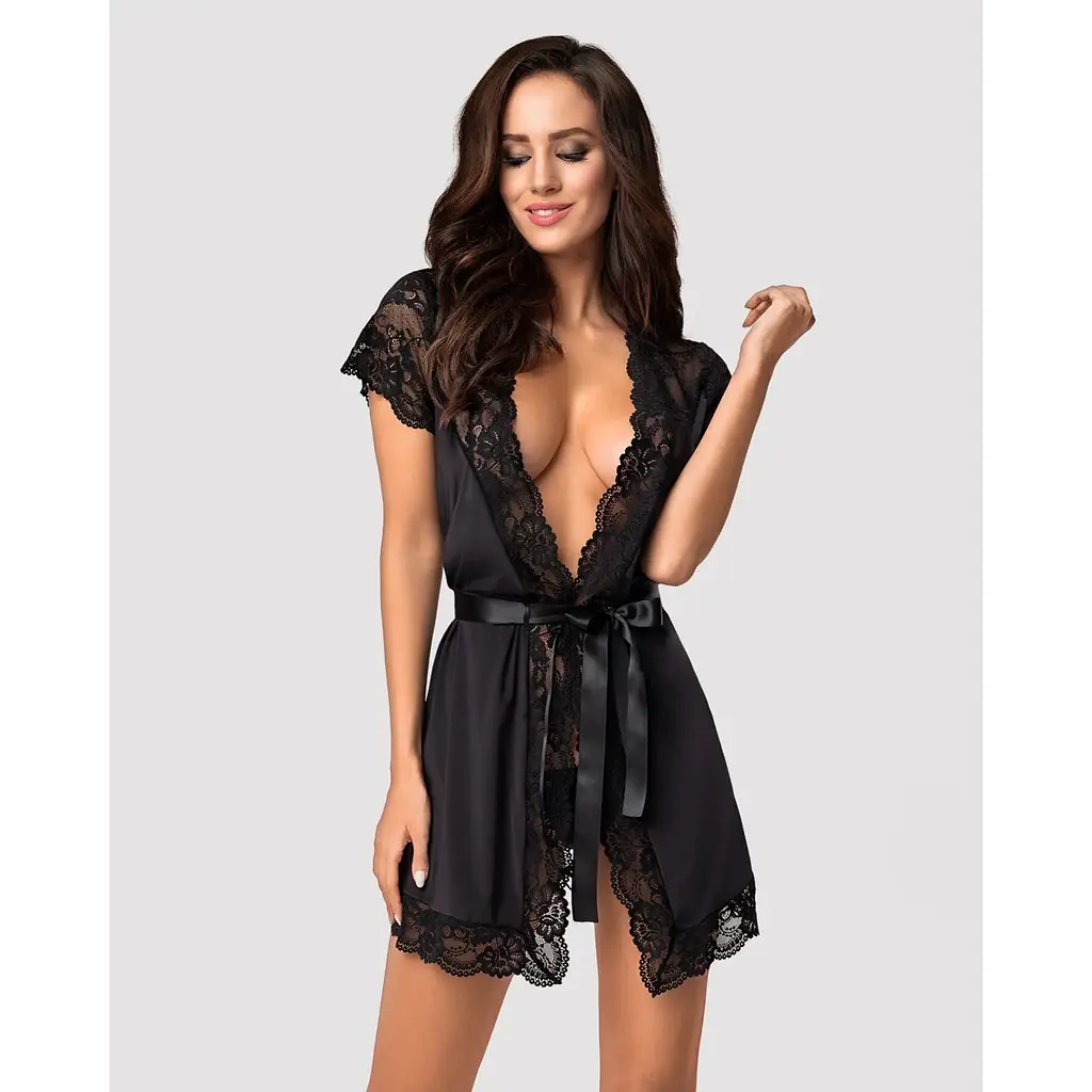 Сатиновий відкритий пеньюар на поясі Obsessive 810-PEI-1 peignoir Black S/M, чорний - фото 5