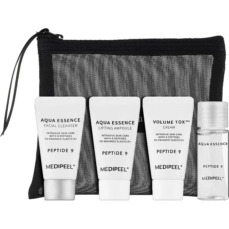 Набір Medi Peel Peptide 9 Aqua Essence Trial Kit: ліфтинг-крем 15 мл + тонер 20 мл + сироватка для обличчя 15 мл + пінка для вмивання 15 мл + косметичка - фото 2
