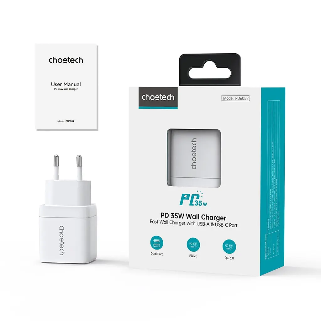 Мережевий зарядний пристрій Choetech PD6052 PD35W GAN A+C White (43-00128) - фото 3