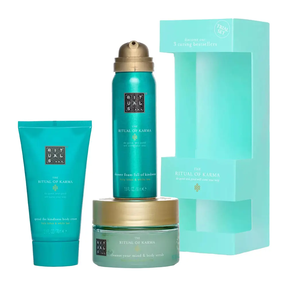 Косметичний набір для жінок Rituals The Ritual of Karma: гель-пінка для душу 50 мл + скраб для тіла 125 г + крем для тіла 70 мл - фото 2