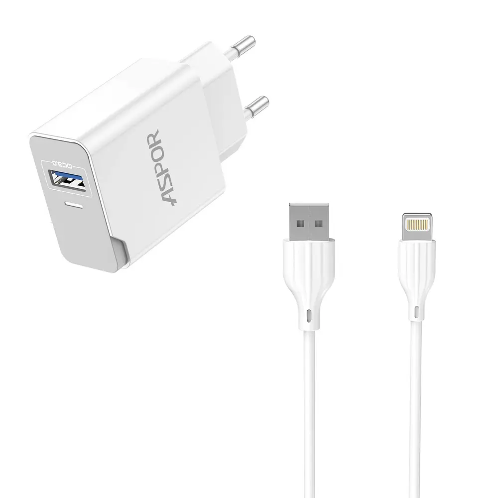 Мережевий зарядний пристрій Aspor A827 IQ (USB/2.4A) + кабель USB – Lightning- білий - фото 4