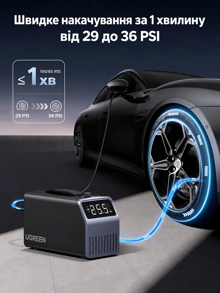 Автомобільний компресор UGREEN ET722 від прикурювача 12 В до 150 PSI (10,3 бар) 30 л/хв Schrader автостоп за заданим тиском дисплей із підсвічуванням LED-ліхтар сигнальний режим і SOS 5 режимів із налаштуванням тиску автовимкнення при перегріванні комплектні адаптер Presta й насадки для м’ячів і надувних виробів вбудовані кабель живлення 3 м та шланг 0,6 м в обплетенні відсіки для зберігання двигун 120 Вт темно-сірий із чорним і світло-сірою панеллю (15627) - фото 6