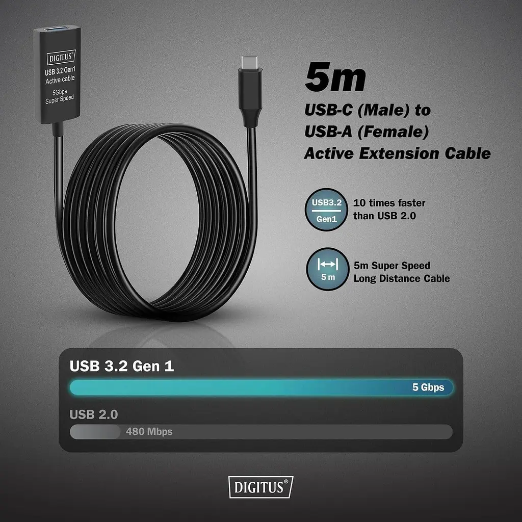 Digitus Подовжувач USB 3.2 Gen1 Active Cable 5G, C/M-A/F, 5м, чорний - фото 4