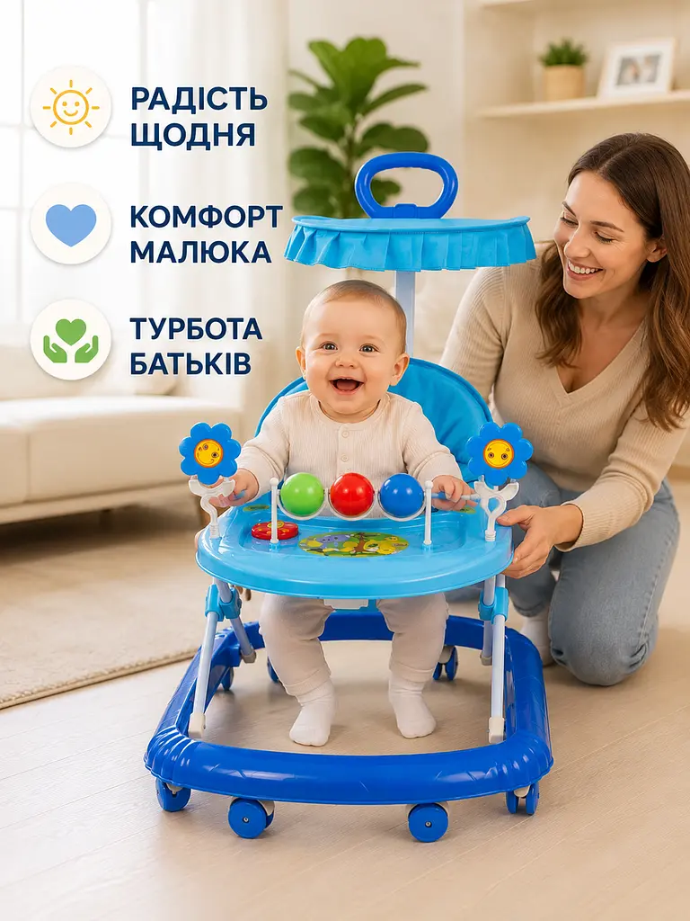Дитячі ходунки з ігровою панеллю, ручкою та козирком блакитні (49676181) - фото 8
