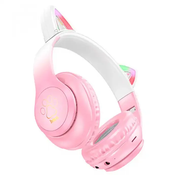 Наушники Hoco W42 Cat Ear Bluetooth с кошачьими ушками и LED подсветкой Розовые с белым - фото 2