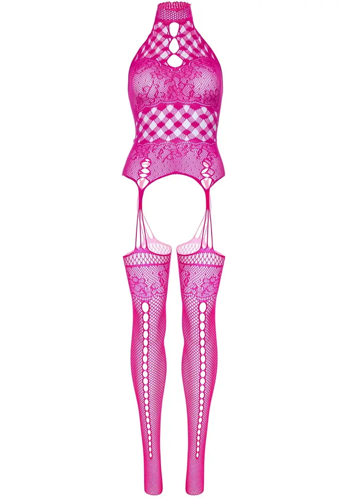 Мереживний бодістокінг з відкритим доступом Leg Avenue High neck lace bodystocking One size Raspberr - фото 6