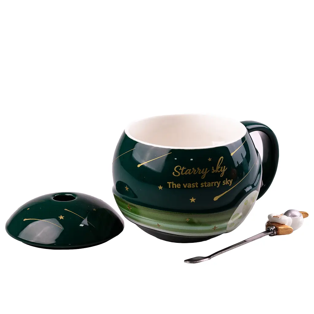 Чашка керамическая Happy Life Космонавт с крышкой и ложкой зеленая 400 мл HP877GR - фото 2