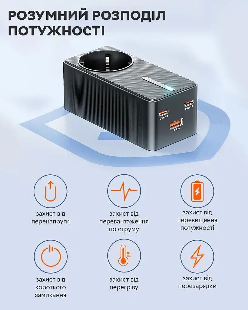 Toocki 67W Desktop Charger 2 x Type-C, 1 х USB 1.5 м, Black + розетка - фото 7