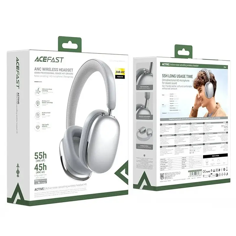 Навушники бездротові Acefast накладні H9 active noise cancelling wireless headset ANC Сріблясті - фото 2