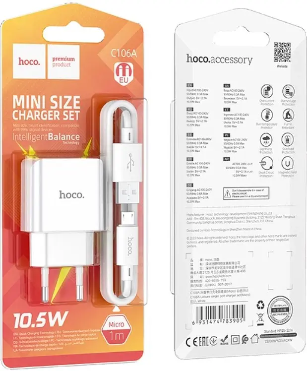 Универсальная зарядка для телефона Hoco C106A Leisur 10,5 Вт/2,1 А кабель MicroUSB 1 порт USB блок питания с проводом Белый - фото 8