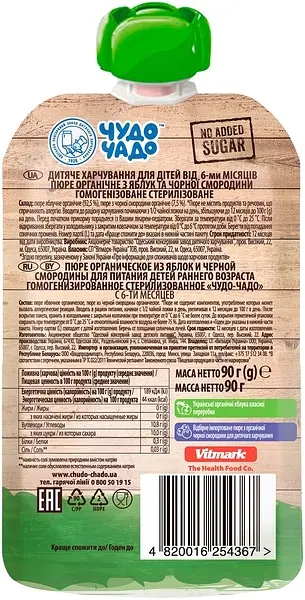 Упаковка органического пюре Чудо-чадо Яблоко и черная смородина без сахара 1.44 кг (90 г х 16 шт.) - фото 3
