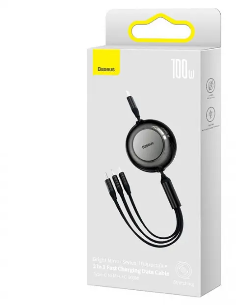 Кабель Baseus Bright Mirror 2 Series Retractable 3-in-1 Cable Type-C to MicroUSB+Lightning+Type-C 100W 1.1m CAMJ010201 Black - фото 4