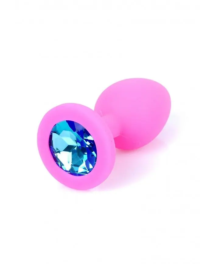 Анальна пробка з кристалом B-Series Silikon Plug Jewellery Pink Small, 7х2.7 см, рожевий з блакитним - фото 2
