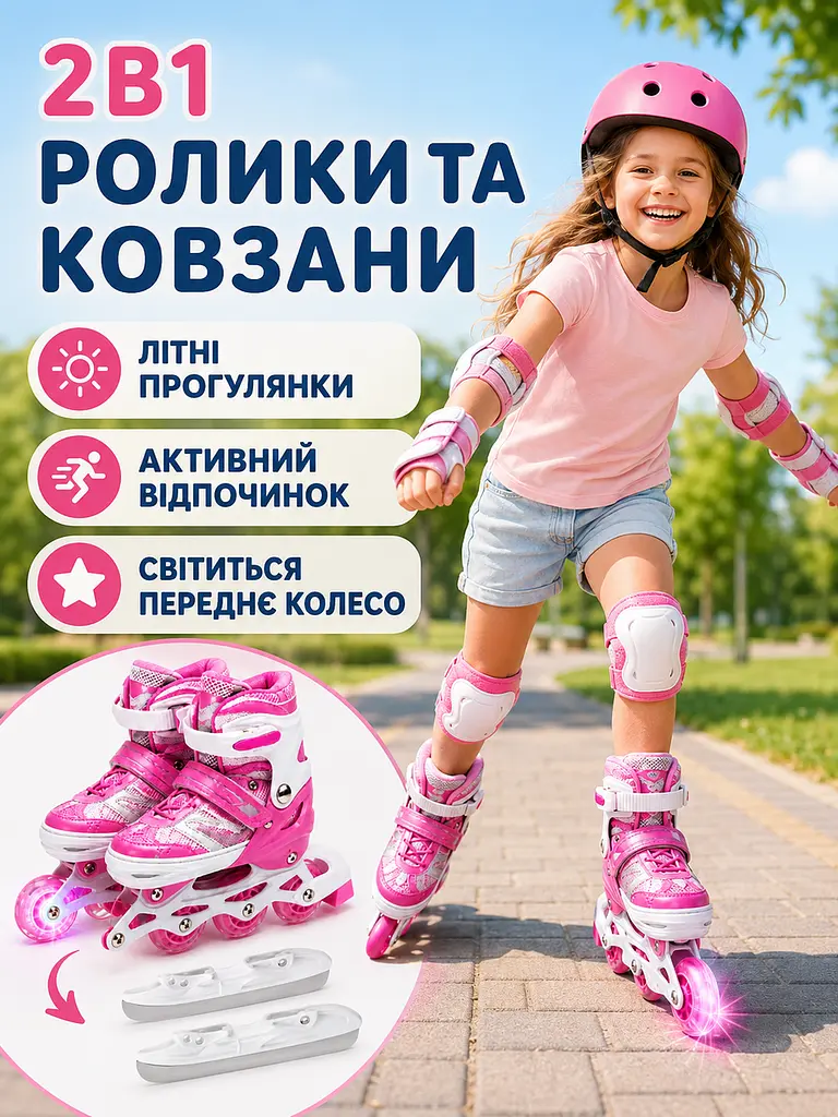 Дитячі ролики та ковзани 2 в 1 31-34 для хлопчика і дівчинки, розсувні рожеві (49676193) - фото 4