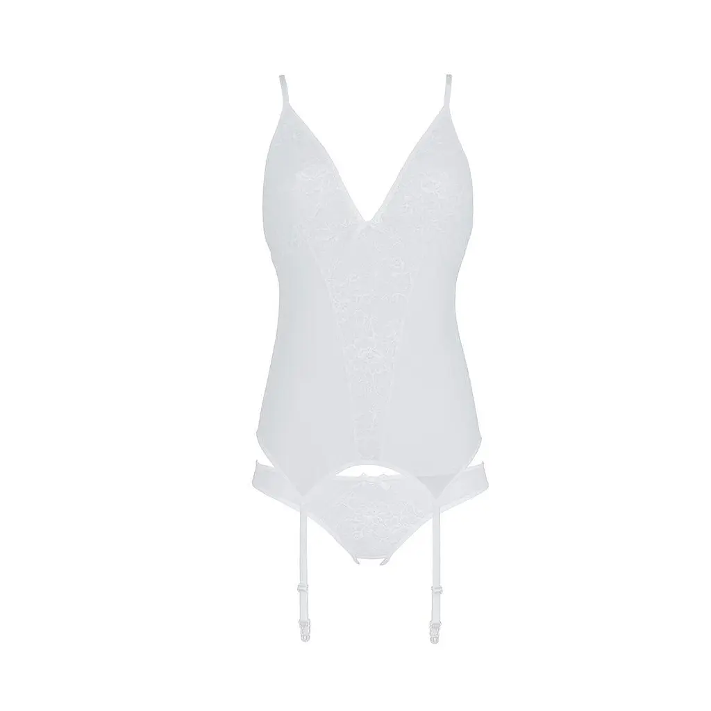 Корсет з пажами трусики з ажурним декором та відкритим кроком Passion Ursula CorSet white L/XL - фото 3