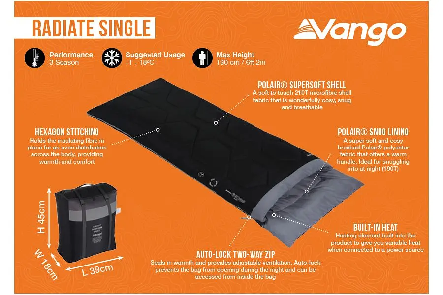 Спальний мішок з підігрівом Vango Radiate Single/-3°C Black Left (SBQRADIATB05TJ8) - фото 5