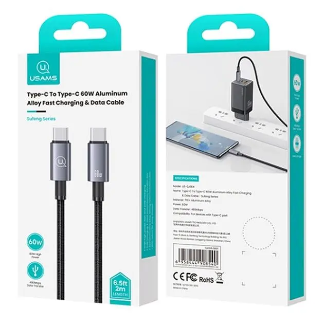 Кабель Usams US-SJ661 USB-C to USB-C 60W 5A 1.2m Tarnish [138985] - фото 3
