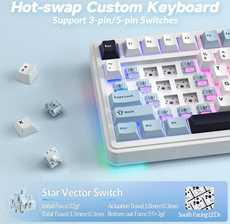 Клавіатура ігрова механічна Aula Mechanical S-75 Pro Wireless White Star Vector Switch Hot-Swap 2.4G/Bluetooth - фото 11