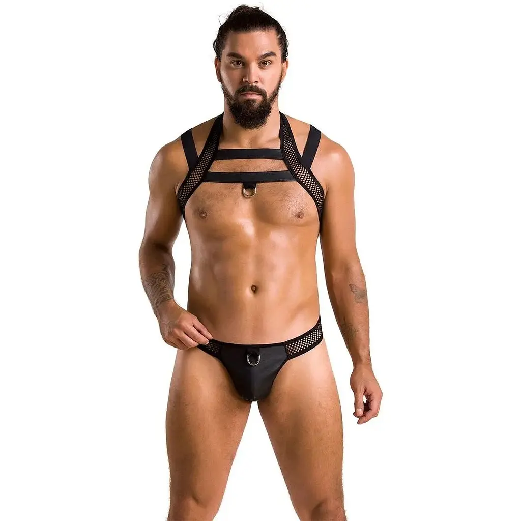 Комплект чоловічої білизни з кріпленнями Passion 043 Jacob L/XL Black, труси, шлейки - фото 3