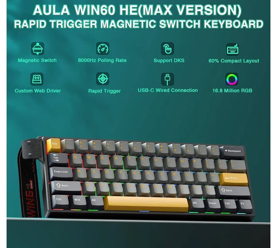 Клавіатура ігрова механічна AULA WIN-60 HE-Max Black-Grey-Yellow Magnetic switch ENG/UKR - фото 6