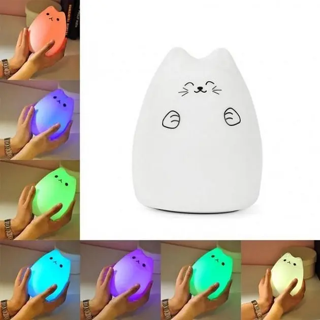 Дитячий силіконовий нічник Милий Кошеня 7 кольорів LED - фото 3