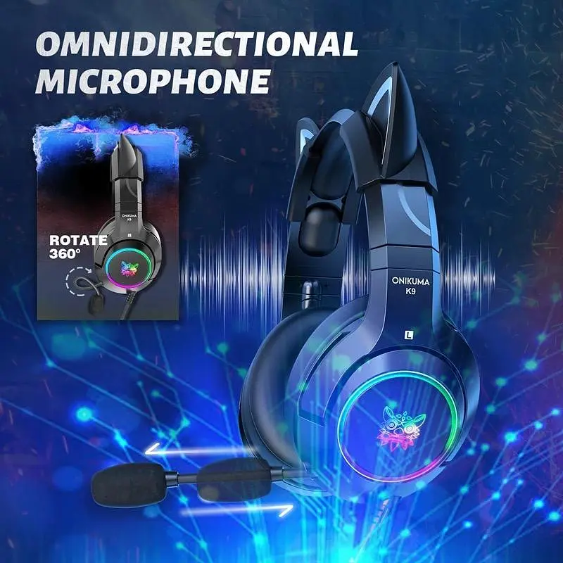 Игровые наушники с кошачьими ушками Onikuma K9 3.5 с микрофоном |Наушники для стриминга Черный - фото 5