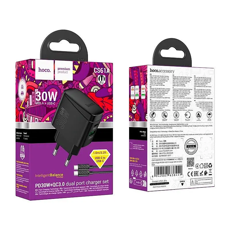 Адаптер мережевий HOCO Type-C to Type-C Cable Bright charger set CS61A |1USB/1Type-C, 30W/3A| - фото 2