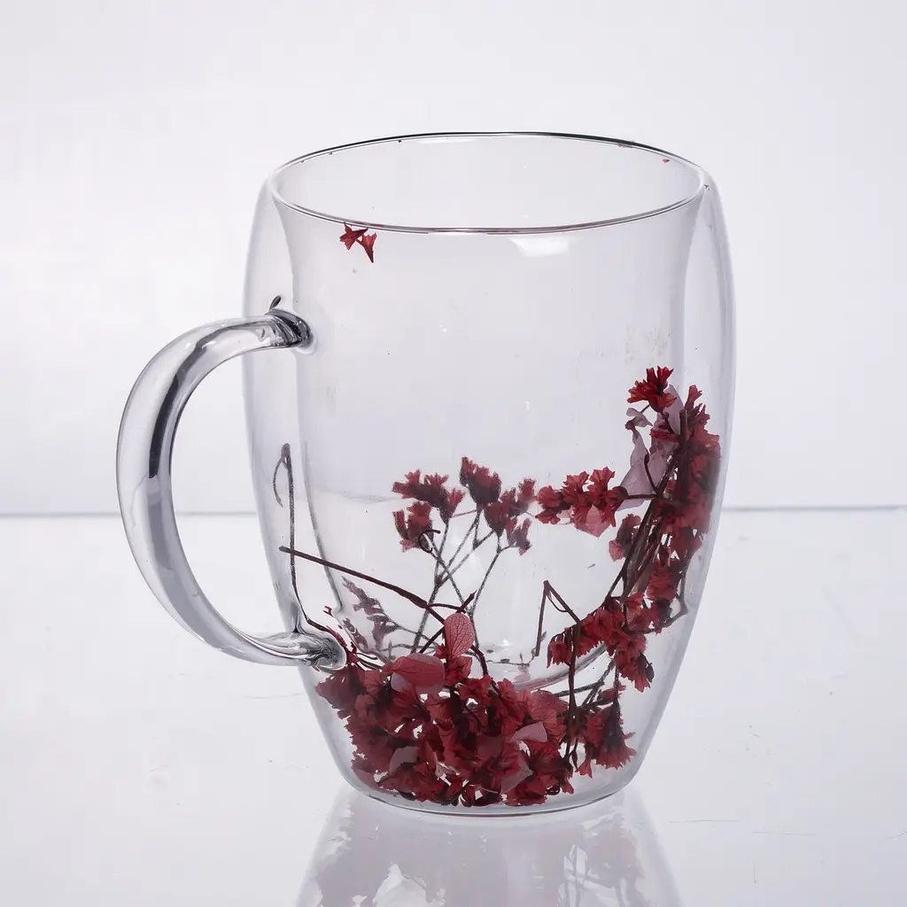 Чашка стеклянная с двойными стенками с декором красных сухоцветов 350 мл Yiwu 64486-41 - фото 2