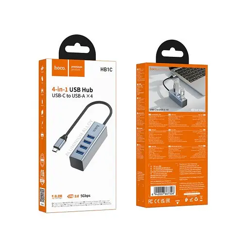 USB HUB HOCO HB1C 4-in-1 converter(Type-C to USB3.0x4) Metal сірий - фото 2