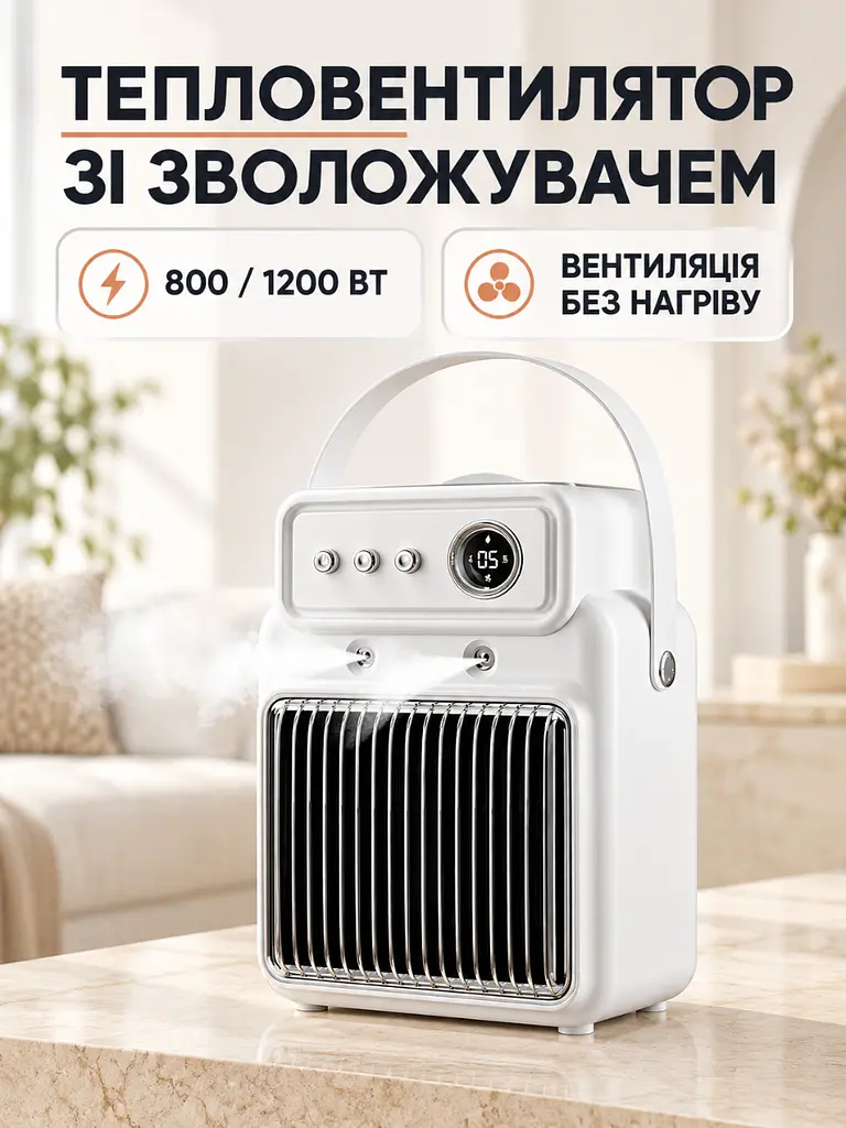 Електричний тепловентилятор 2 в 1 зі зволожувачем 1200 Вт побутовий Білий (37261516) - фото 2