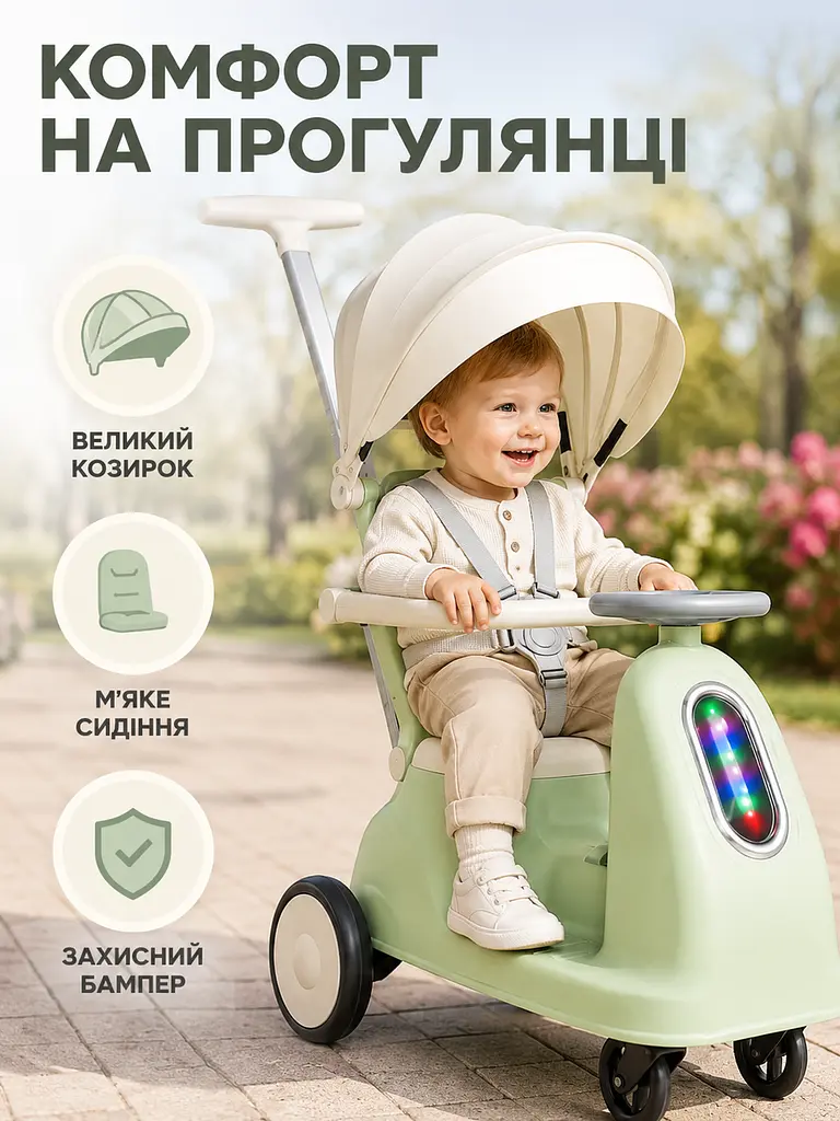 Дитячий електричний толокар 5-в-1 з ручкою, мотором, акумулятором, козирком, музикою та підсвіткою (49676137) - фото 2