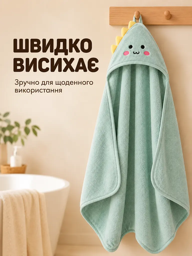 Дитячий рушник пончо з кутиком дитяче з капюшоном для купання немовлят дівчинки хлопчика 80х80 см зелений - фото 4