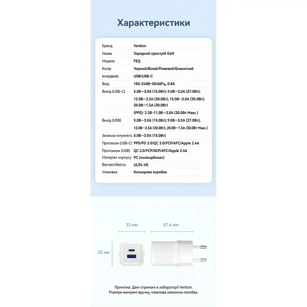 Зарядний пристрій Vention 1xUSB-C PD 30 Вт + 1xUSB QC 3.0 30 Вт GaN білий (FEQW0-EU) - фото 2