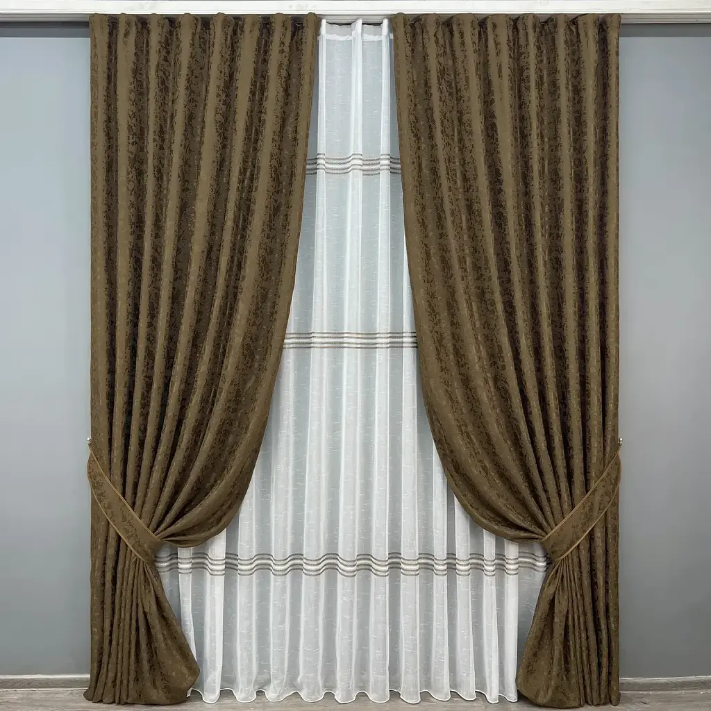 Комплект штор з тюлем VR-Textil Льон Мармур, коричневий з білим, 2 штори 150×270 см + тюль 600×270 см, арт. 71-176/5