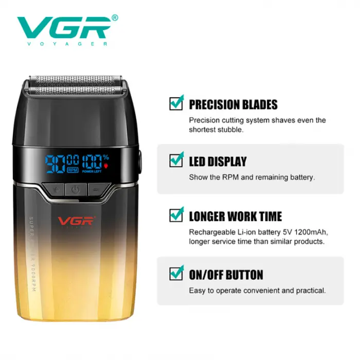 Електробритва VGR V-308 шейвер, подвійне лезо, 9000 RPM, LED-дисплей Золотий - фото 3