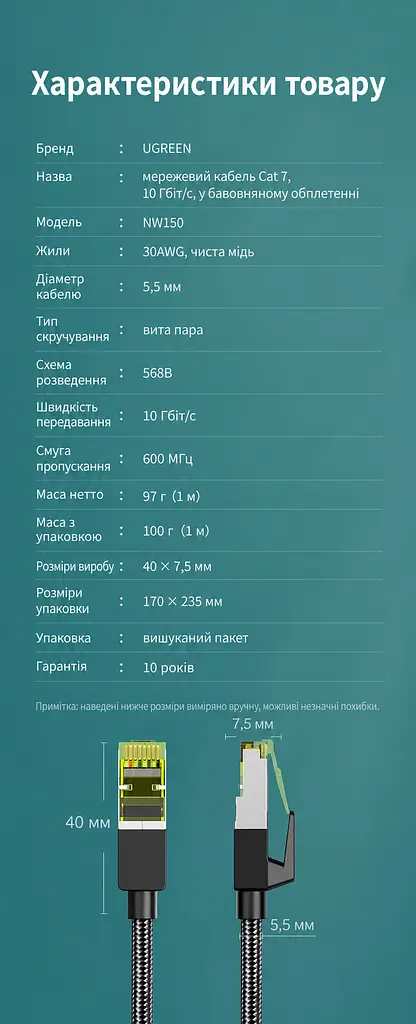 Мережевий кабель Ethernet UGREEN NW150 1 м патч-корд LAN зі штекерами RJ45 на обох кінцях Cat7 до 10 Гбіт/с із пилозахисними ковпачками на обох штекерах екранування F/FTP із текстильним обплетенням поверх ПВХ смуга пропускання 600 МГц чорний із чорними корпусами штекерів і напівпрозорими жовтими елементами (80421) - фото 2