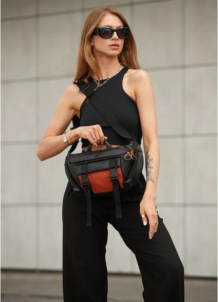 Жіноча сумка бананка Sambag Dynamicdart чорно-помаранчева 38 × 21 × 7 см (80411129) - фото 11